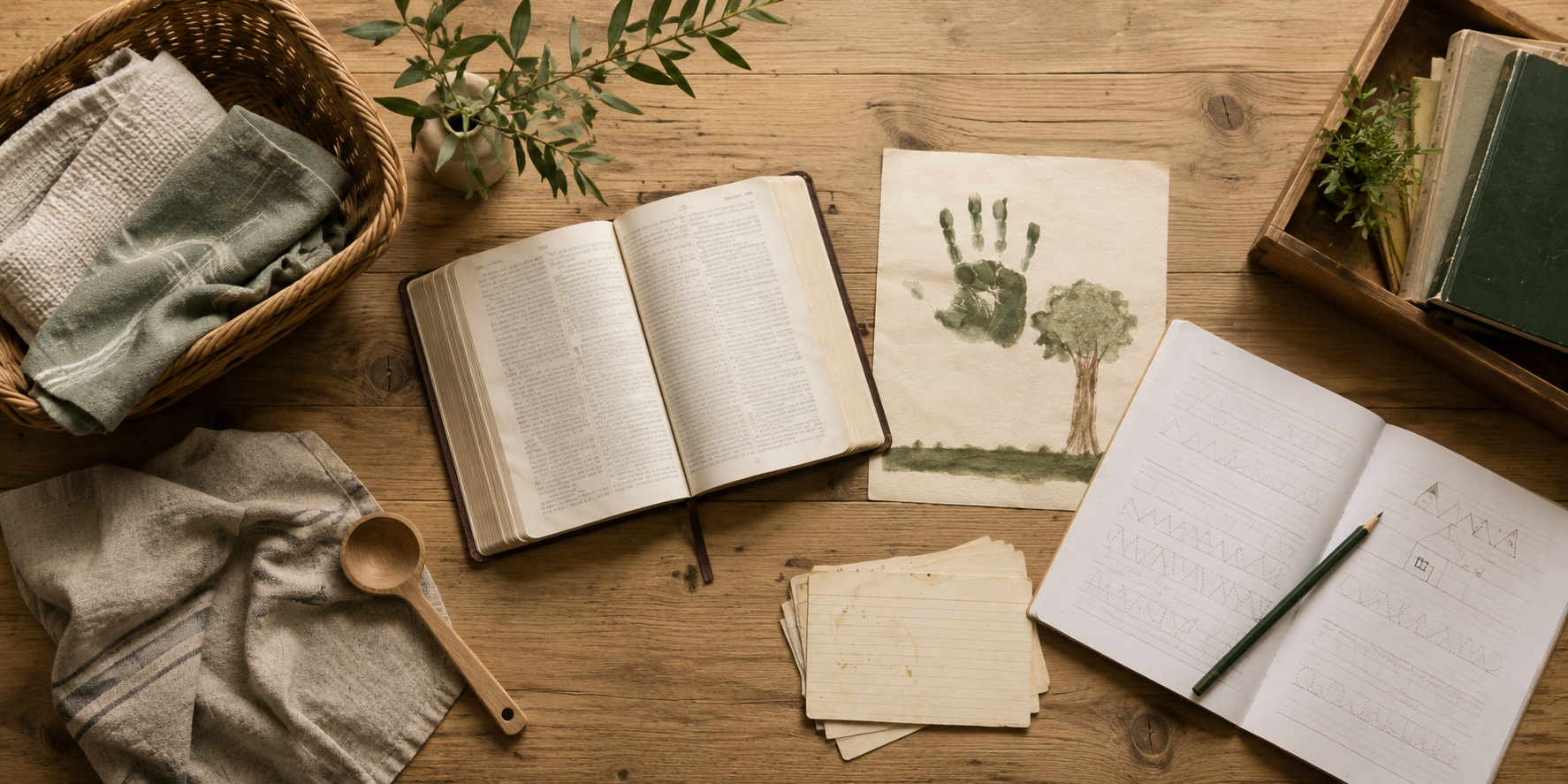 A tabletop scene with an open Bible, children's writing practice, household linens, books, and handprint art arranged for Christian home formation.